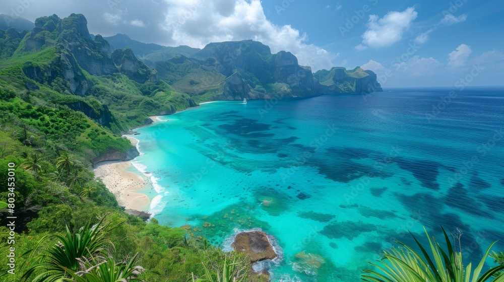 A view of a beautiful beach with blue water and green mountains, AI