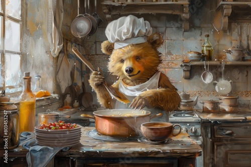 A cartoon bear is cooking in a kitchen with a pot on the stove