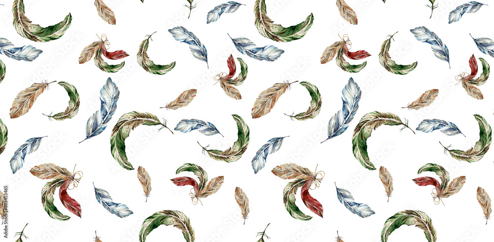 Fototapeta premium Seamless Pattern. Watercolor Green, Red, Beige, Blue Bright Curved Feathers. White Background. Illustration. For Home Textiles, Wrapping Paper, Postcards, Valentine's Day and Birthday, Website Design