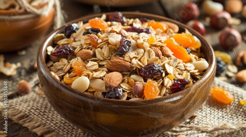 Close up of a healthy bowl of muesli with dried fruit and nuts on a sackcloth.