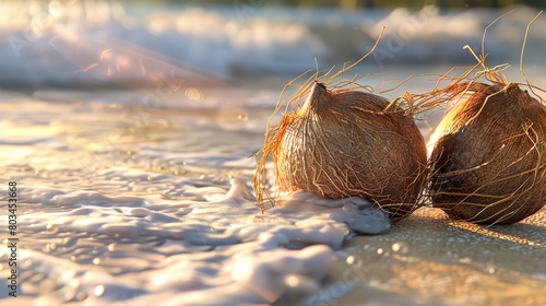 a close up coconut decorated with a straw by the sea