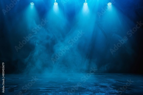 shining spotlights empty stage dark gradient black blue grungy background dramatic mysterious atmosphere theatrical 3d rendering 