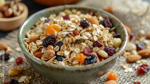 Close up of a healthy bowl of muesli with dried fruit and nuts on a sackcloth. photo