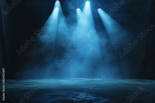 shining spotlights empty stage dark gradient black blue grungy background dramatic mysterious atmosphere theatrical 3d rendering  photo