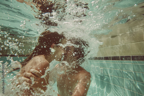 A view of a couple playfully splashing each other in a pool, captured from underwater.
