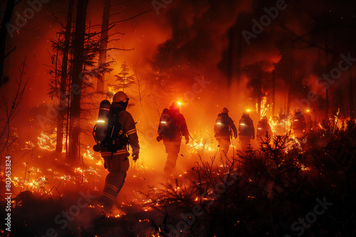 Firefighter in full gear with flashing lights leading a team through environment forests and fires
