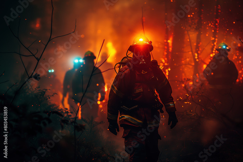 Firefighter in full gear with flashing lights leading a team through environment forests and fires © vvalentine