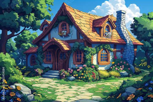 forest house in a fairy forest, cartoon art