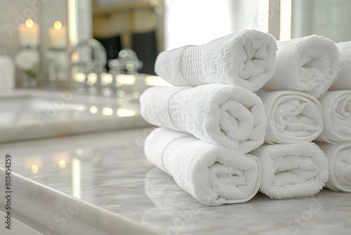 stack neatly folded clean white towels bathroom vanity luxury hotel spa decor hospitality freshness digital illustration 