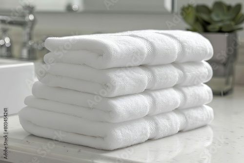 stack neatly folded clean white towels bathroom vanity luxury hotel spa decor hospitality freshness digital illustration 