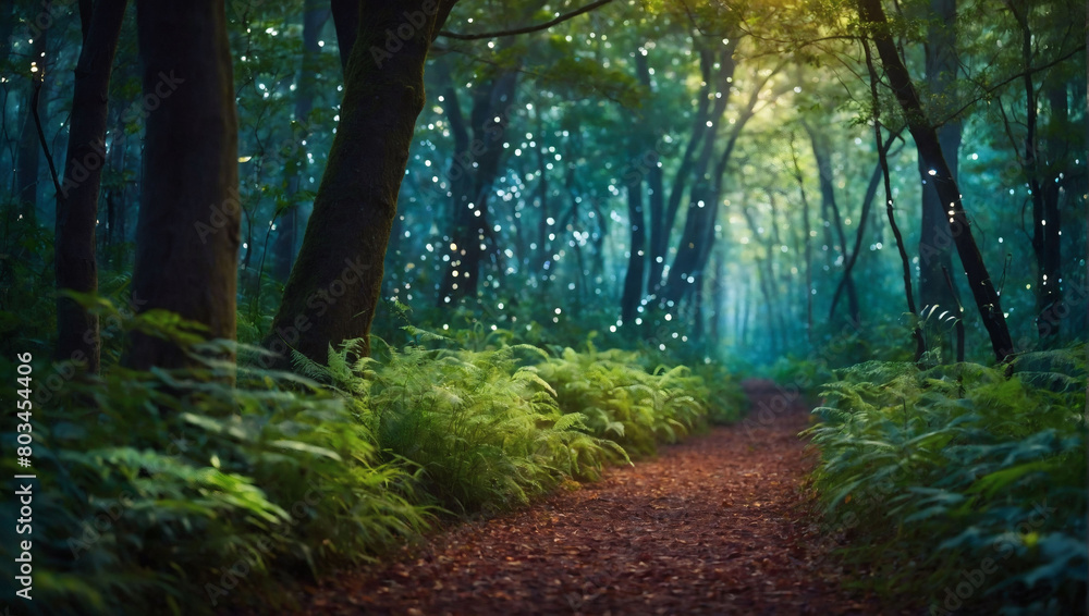 Step into a magical realm, an enchanting forest straight out of a fairytale, adorned with towering trees and lush vegetation