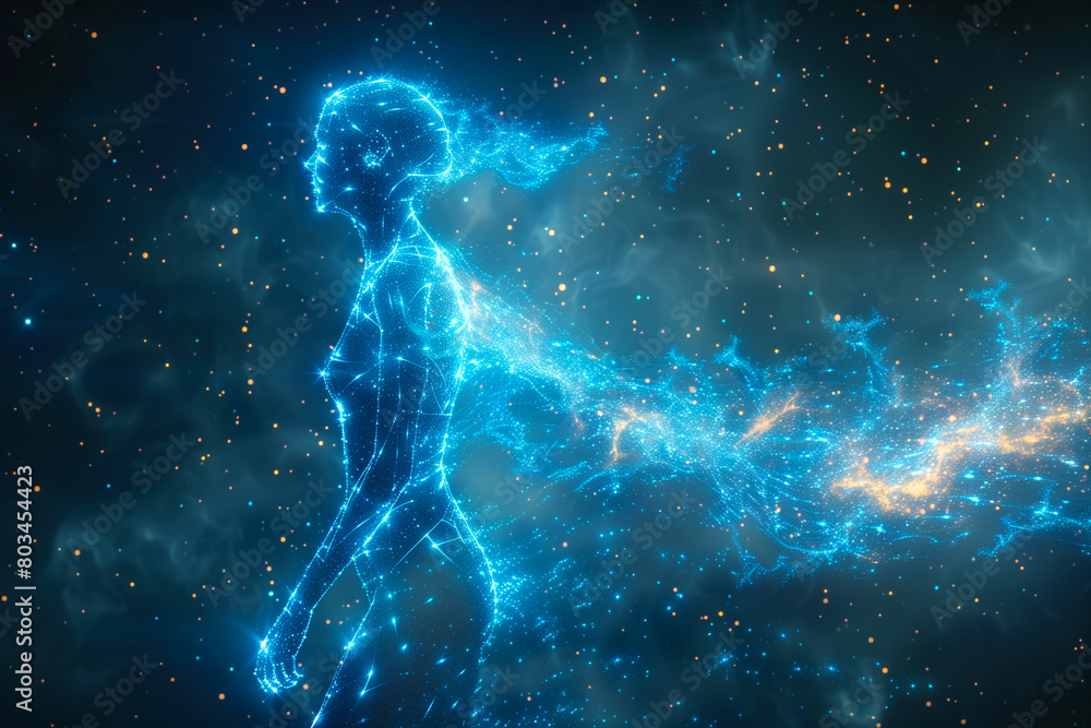 Digital Human Model with Cosmic Energy Flow. Conceptual digital art of a human figure composed of light, surrounded by a dynamic flow of cosmic energy in space.