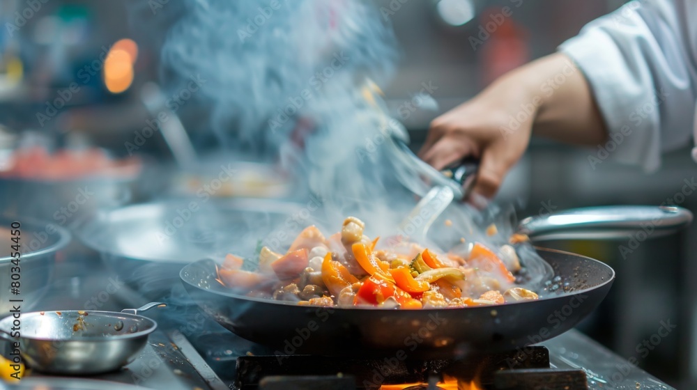 closeup chef hands cooking food or frying pan in the kitchen closeup chef hands cooking food or frying pan in the kitchen