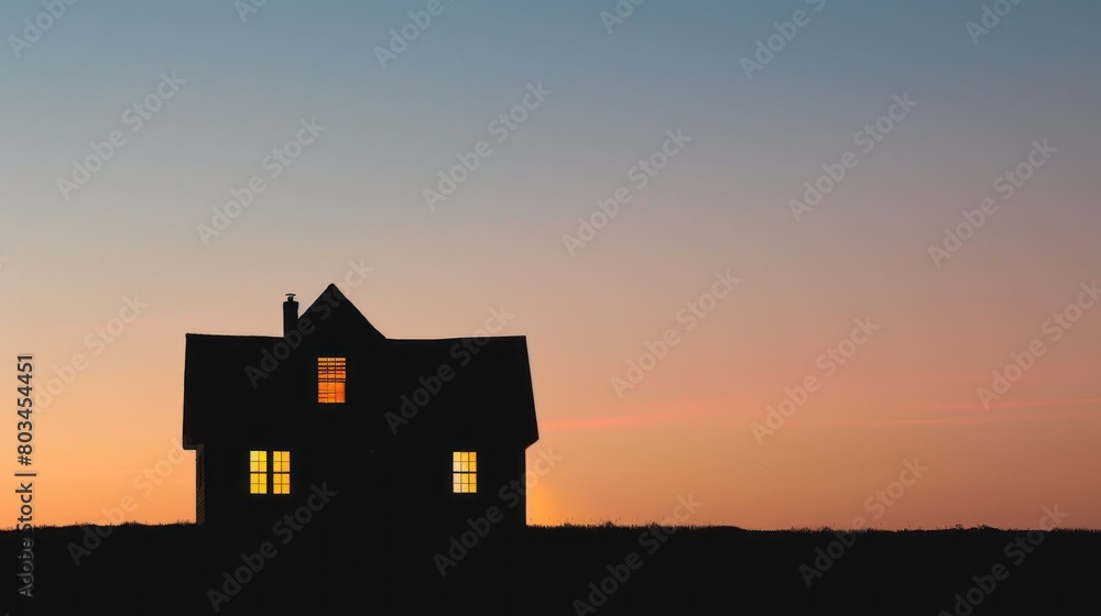Silhouette of house with sunset background