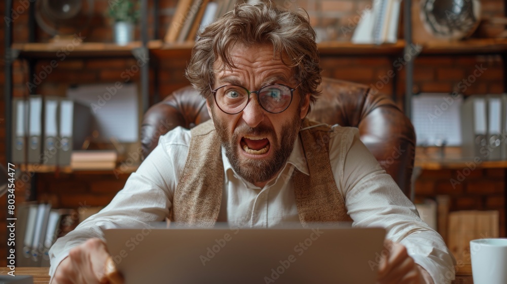 A man in glasses sitting at a desk with his laptop, AI A man in glasses sitting at a desk with his laptop, AI
