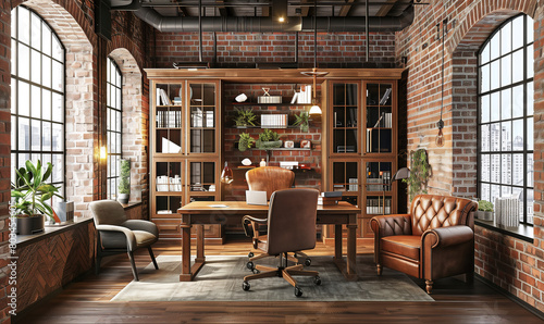 Modern home office interior with brick wall, industrial style decor and large windows