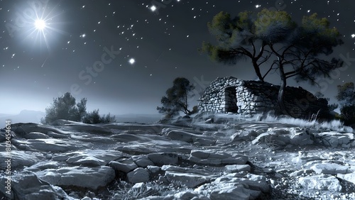 Una noche mágica: la naturaleza brilla sobre ruinas olvidadas del hombre. Concept Nature's beauty over ancient ruins, Magical night filled with wonder and history photo