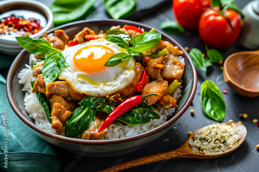 Spicy Basil Chicken with Fried Egg Over Rice. Delicious Asian cuisine: Spicy basil chicken served over white rice topped with a perfectly fried egg and fresh herbs. Spicy Basil Chicken with Fried Egg Over Rice. Delicious Asian cuisine: Spicy basil chicken served over white rice topped with a perfectly fried egg and fresh herbs.