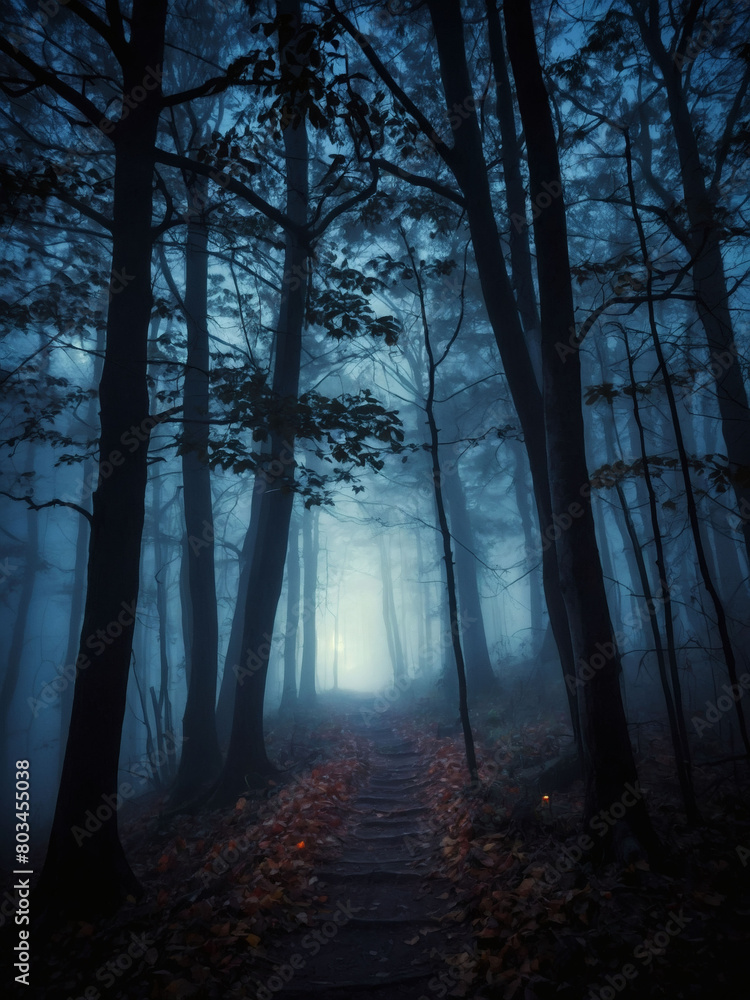 Step into the shadows of a mysterious forest illuminated by moonlight, where a fog-laden path beckons toward a Halloween backdrop filled with tantalizing hints of the supernatural.
