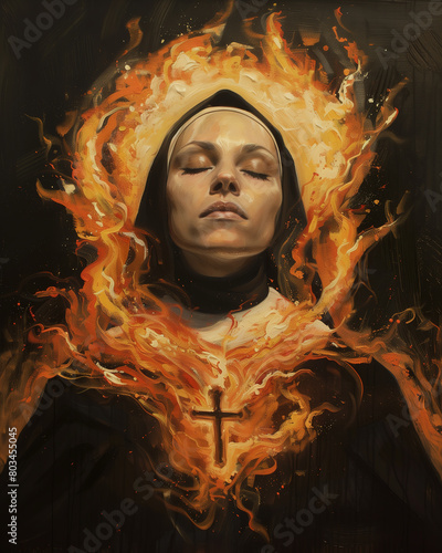 portrait of the nun in front  with her eyes closed and an aura around them. The cross is visible on their chest  surrounded by flames