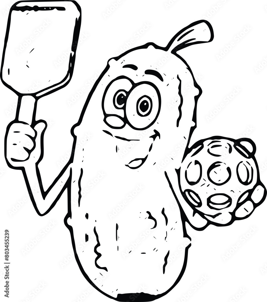 Cute Pickle Cartoon Character with A Thumb Up And Holding Pickleball Ball. Hand Drawn Vector Illustration Isolated On Transparent Background