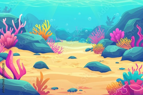underwater seabed with colorful corals seaweed and rocks on sandy bottom cartoon vector illustration
