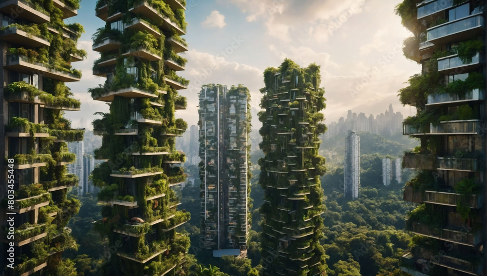 Stunning eco-conscious cityscape featuring vertical forests, a metropolis adorned with lush greenery promoting environmental awareness.