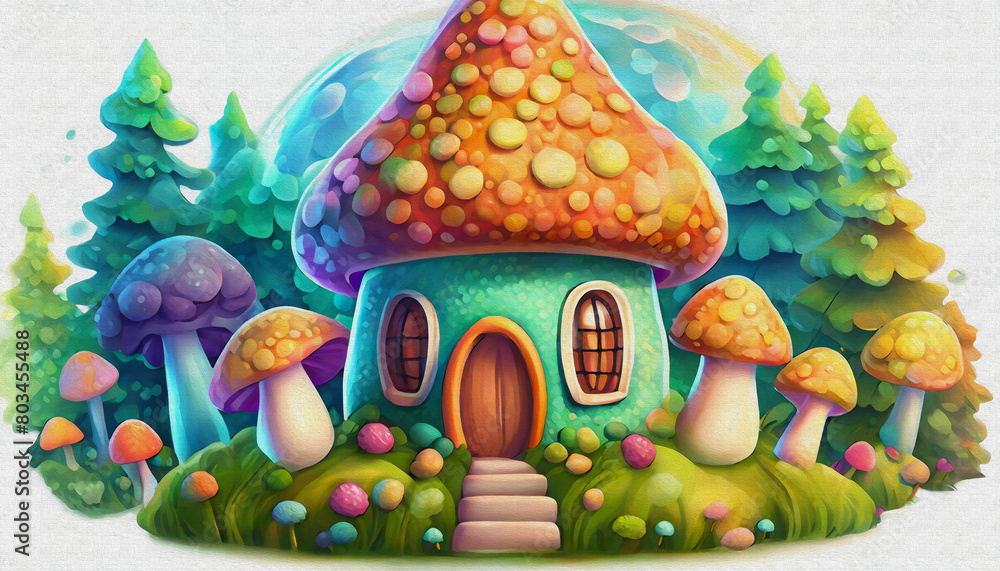OIL PAINTING STYLE CARTOON CHARACTER CUTE baby house with mushrooms isolated on white background, top view, mushroom,