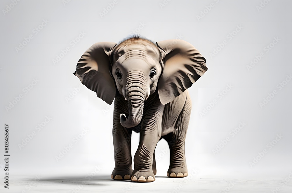A baby elephant looking straight with a white background. E for elephant.