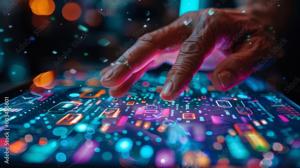 Detailed image of a hand hovering over a tablet screen as it selects high-tech gadgets from a digital electronics catalog Detailed image of a hand hovering over a tablet screen as it selects high-tech gadgets from a digital electronics catalog