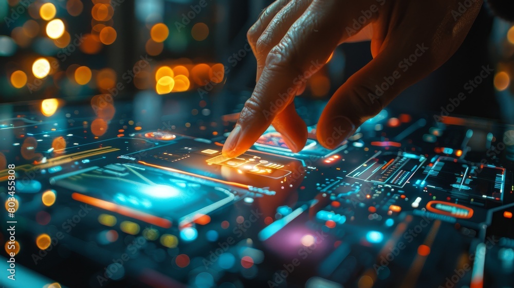 Detailed image of a hand hovering over a tablet screen as it selects high-tech gadgets from a digital electronics catalog Detailed image of a hand hovering over a tablet screen as it selects high-tech gadgets from a digital electronics catalog