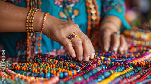 Close-up of a couple intently examining the fine details of handmade necklaces at a local artisans stall, reflecting their appreciation for craftsmanship