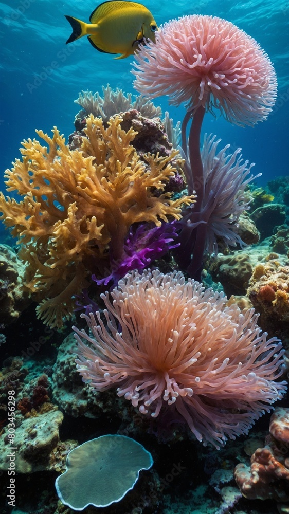 Fototapeta premium Bright yellow tang fish swims near vibrant coral reef with various types of coral in shades of pink, purple, yellow. Soft corals sway gently in current, creating mesmerizing underwater landscape.