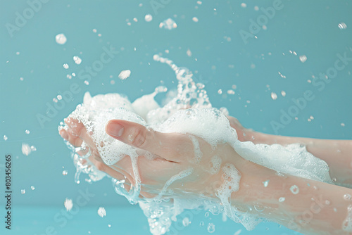 A visually striking composition featuring hands submerged in a velvety lather of soap foam, beautifully contrasting with a light blue backdrop. photo