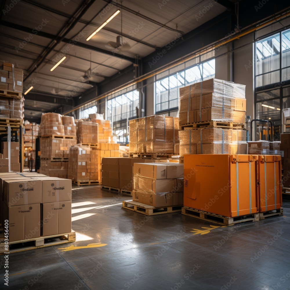 Modern warehouse interior with rows of shelves with boxes Modern warehouse interior with rows of shelves with boxes