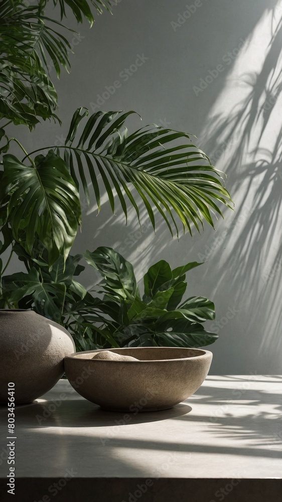 Sunlight streams through window, casting shadows on light gray wall, illuminating lush green tropical plants in serene indoor setting. Sunlight streams through window, casting shadows on light gray wall, illuminating lush green tropical plants in serene indoor setting.