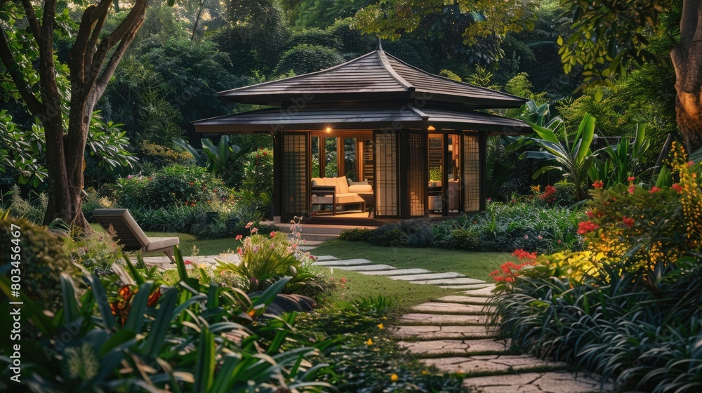 Idyllic retreat in a serene garden with a small pavilion and vibrant flowers. Private retreats Idyllic retreat in a serene garden with a small pavilion and vibrant flowers. Private retreats