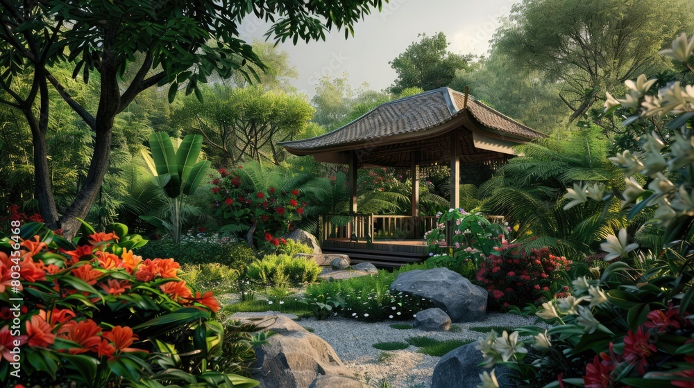Serene garden oasis with private pavilion amid lush greenery and blooming flowers. Private retreats