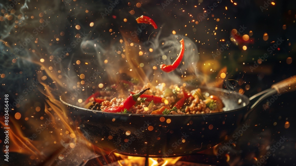 Freeze Motion of Wok Pan with Flying Ingredients in the Air and Fire Flames. Freeze Motion of Wok Pan with Flying Ingredients in the Air and Fire Flames.