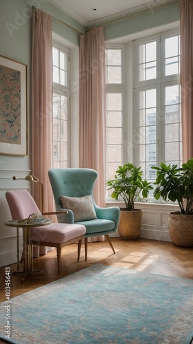 Sunlight streams through large bay window, illuminating cozy sitting area. Two plush armchairs, one soft pink, other calming teal, positioned on light blue patterned rug, inviting relaxation. © Tamazina