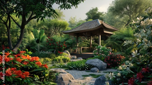 Serene garden oasis with private pavilion amid lush greenery and blooming flowers. Private retreats © cvetikmart