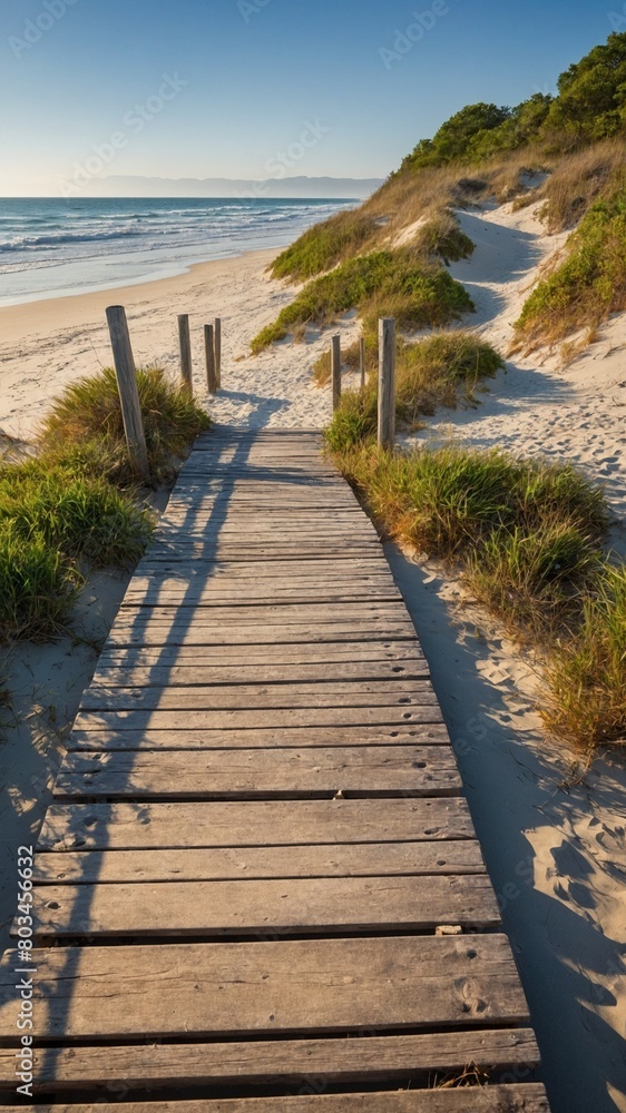 Sturdy wooden walkway leads through sand dunes covered in beach grass towards pristine beach. Walkway casts long shadows in morning sunlight, ocean waves can be seen crashing on shore in distance.