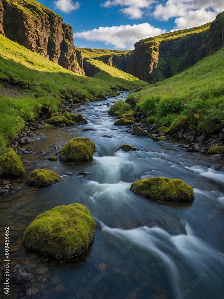 River flows rapidly through steep canyon with tall, green cliffs on either side. Water clear, reflects blue sky, white clouds above. Moss-covered rocks scattered throughout riverbed. River flows rapidly through steep canyon with tall, green cliffs on either side. Water clear, reflects blue sky, white clouds above. Moss-covered rocks scattered throughout riverbed.
