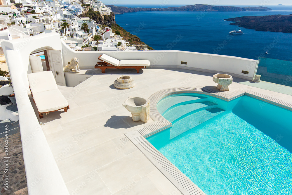 Fototapeta premium Beautiful sea view, white house, blue and white architecture, greek orthodox churche, Travel and summer vacacion, Architecture details in Santorini Greece, romantic seascape to the blue Aegean sea. 