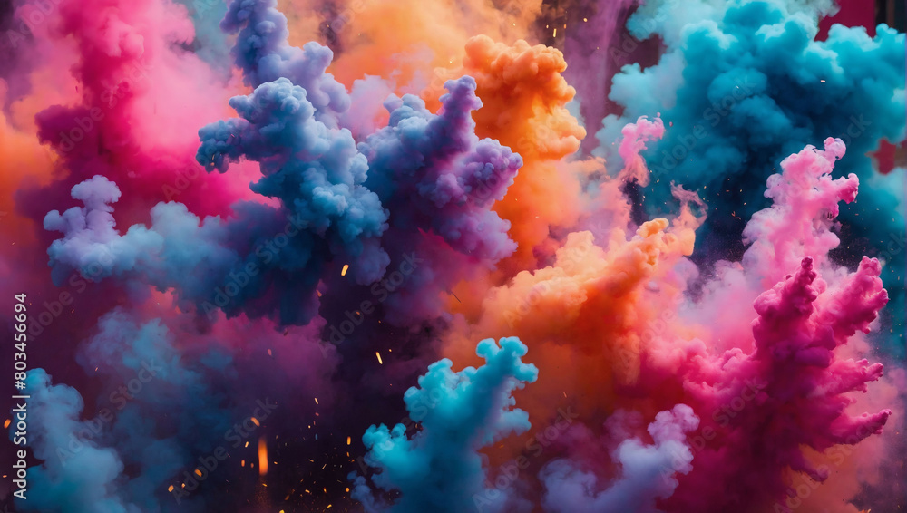 Vibrant bursts of neon smoke swirling like clubs in an explosion of Holi paint, creating an abstract psychedelic pastel light background.
