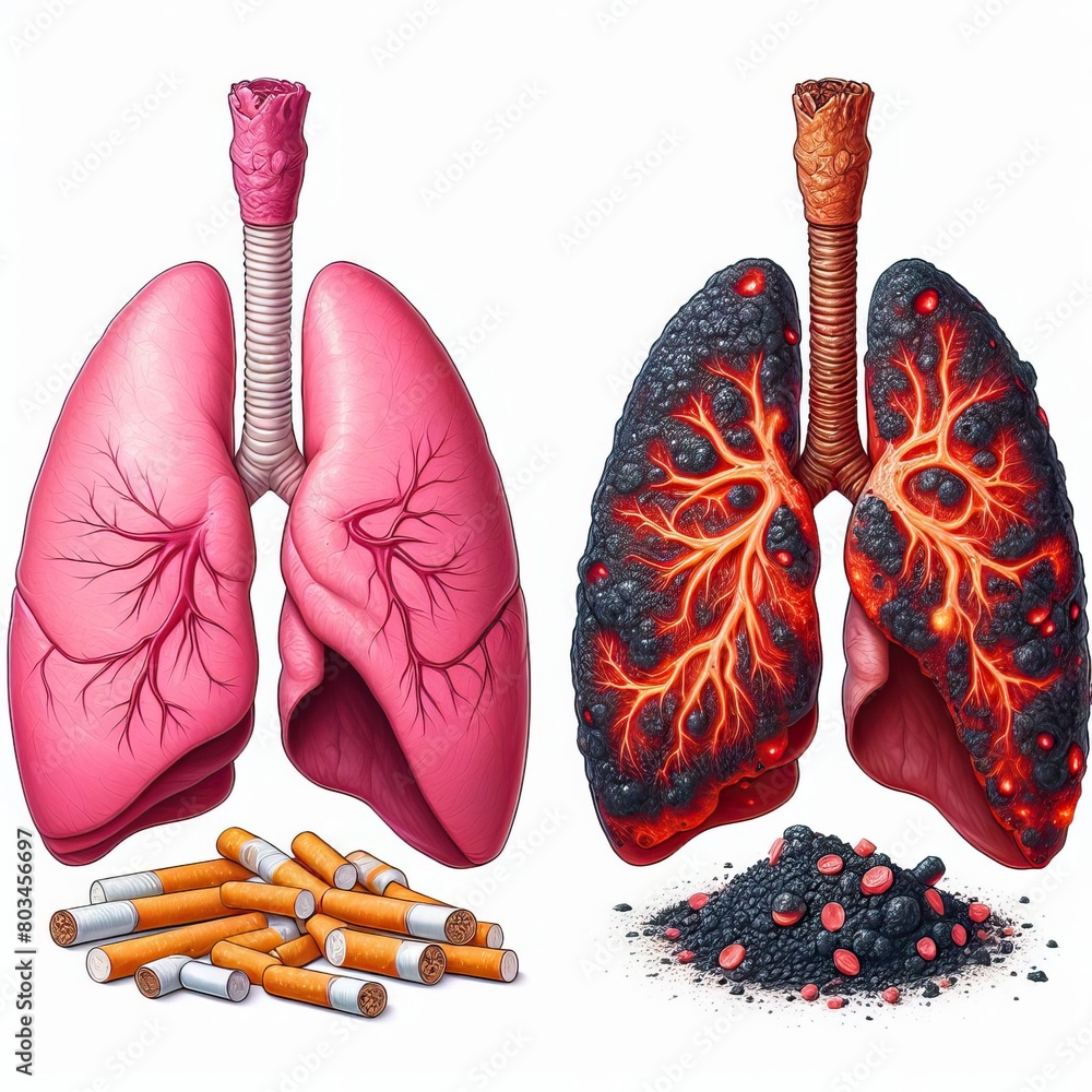 healthy pink lungs above discarded cigarettes with damaged blackened ...