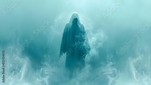 Minimalistic photo of Grim Reaper in eerie dawn mist exuding fate. Concept Dark Photography, Minimalistic Art, Grim Reaper, Eerie Atmosphere, Fate Exuding