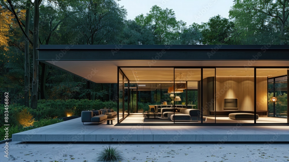 Fototapeta premium Ultimate retreat in a contemporary glass house, blending with nature, seamless spaces. Private retreats