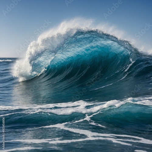 Powerful ocean wave rises high in air, its crest vibrant turquoise blue against deep navy blue of water. Wave about to break, with white foam, spray visible at top, sides. Sky clear, bright blue.