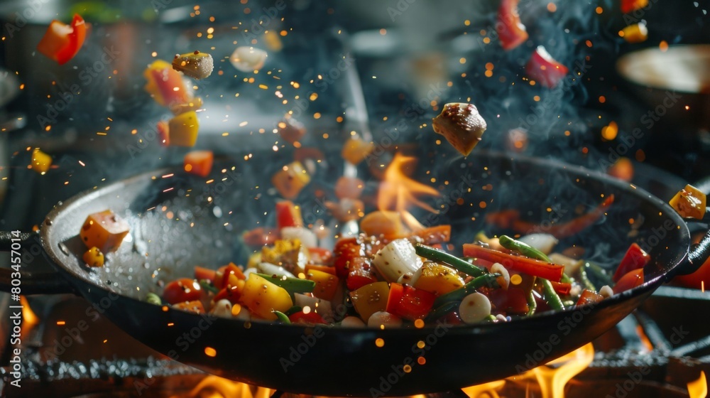 Freeze Motion of Wok Pan with Flying Ingredients in the Air and Fire Flames. Freeze Motion of Wok Pan with Flying Ingredients in the Air and Fire Flames.